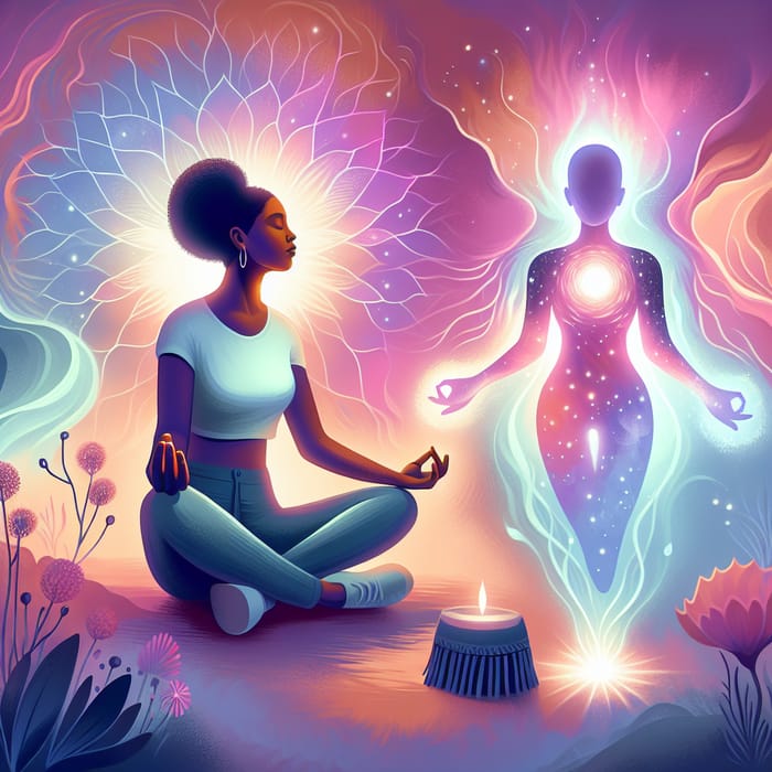 Empowering Illustration: Black Woman Connecting to Higher Self through Spiritual Practice