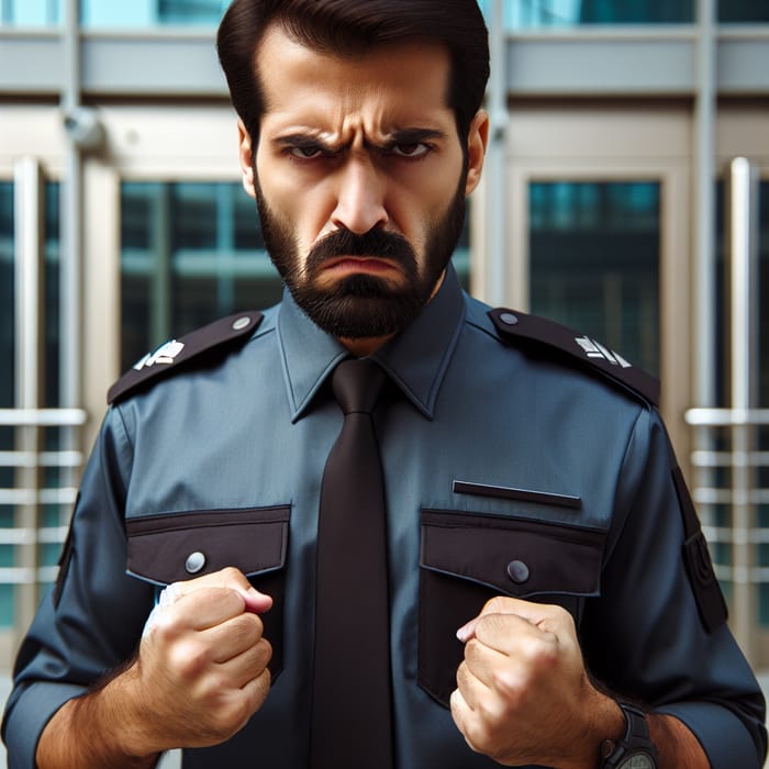 Angry Security Guard | Middle-Eastern Vigilante at Building Entrance