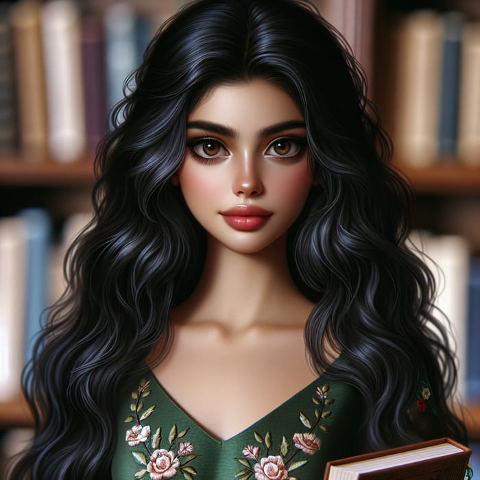 Beautiful South Asian Girl in Green Silk Dress | Cozy Library Scene