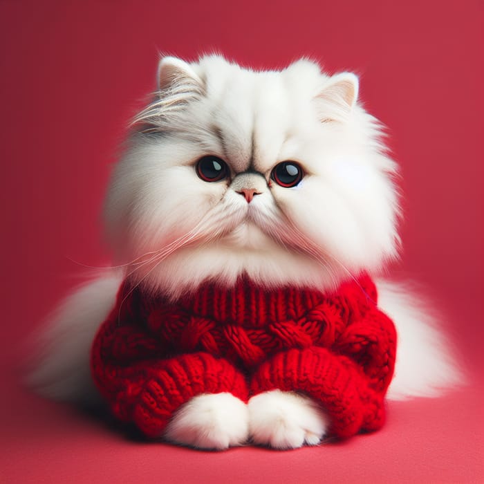 Stylish White Persian Cat in Cozy Red Sweater