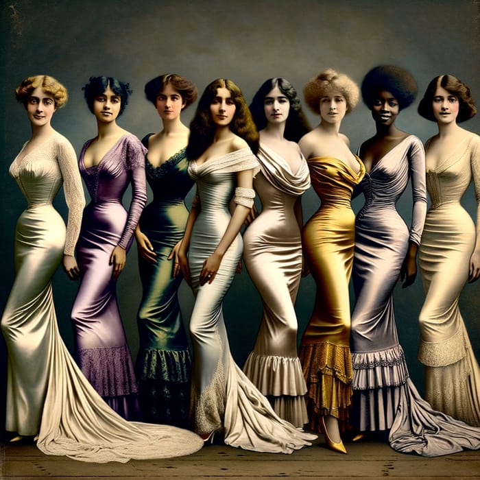 Diverse Belle Epoque Women in Full-Length Satin Dresses