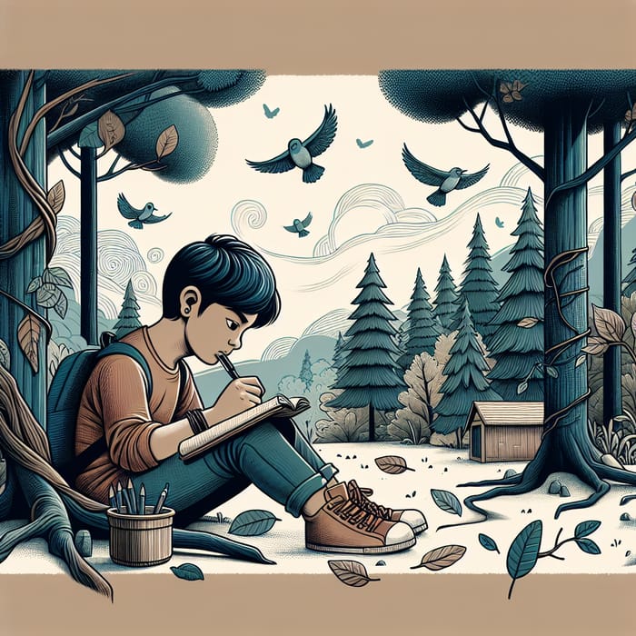 Moments of Self-Reflection and Growth in Forest | Boy Journaling Anime-inspired