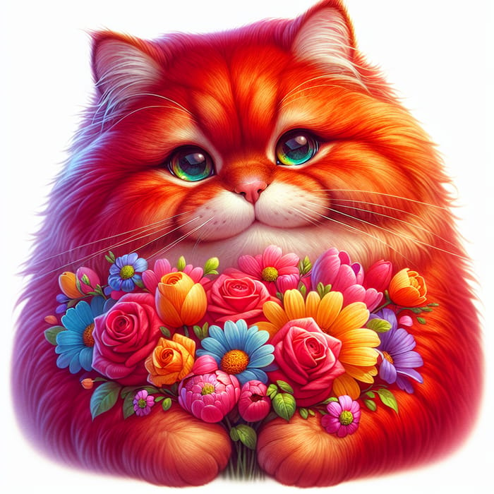 Vibrant Red-Haired Chubby Cat with Bouquet of Flowers
