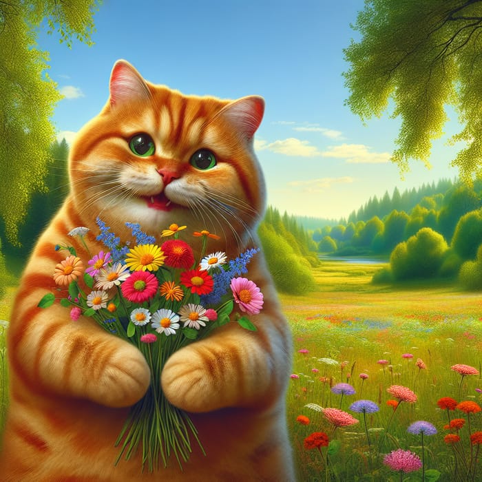 Chubby Red Cat with Bouquet of Wildflowers in Nature