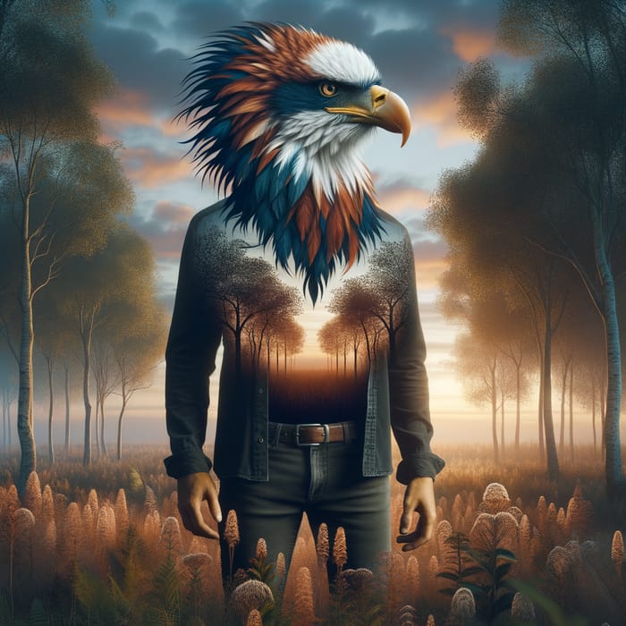 Surreal Eagle-Human Hybrid in Serene Forest Scene