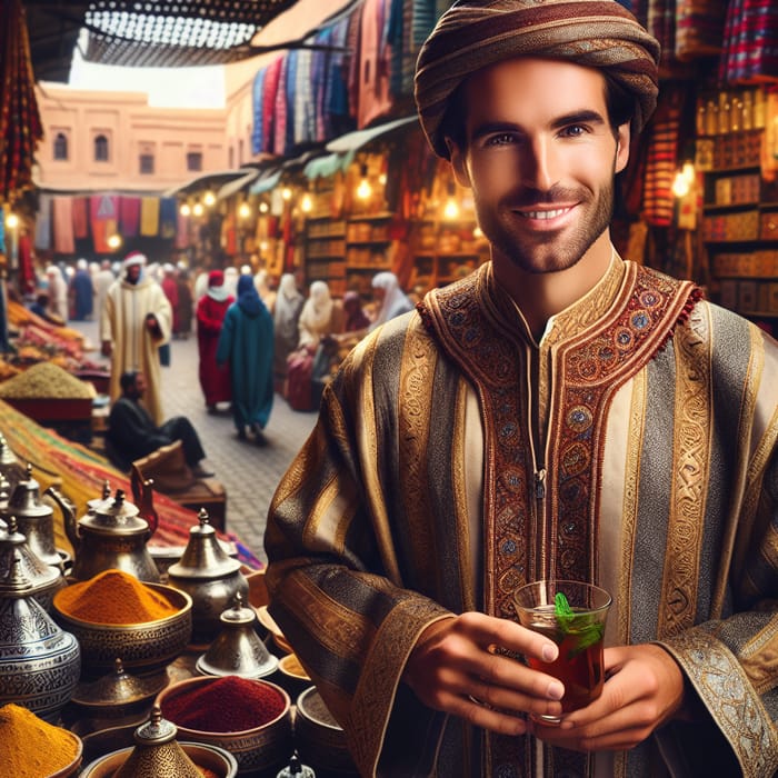 Intricate Moroccan Attire & Mint Tea at Vibrant Marketplace
