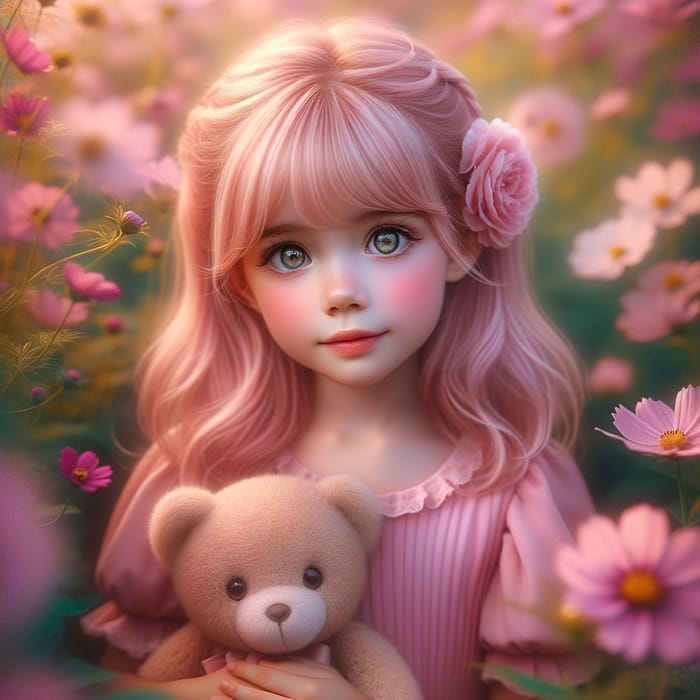 Whimsical Fairy Tale Girl with Pink Hair and Teddy Bear