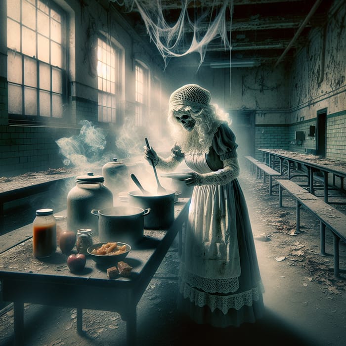 Inside Abandoned School Lunchroom: Ghostly Lunch Lady Stirring Mysterious Stew