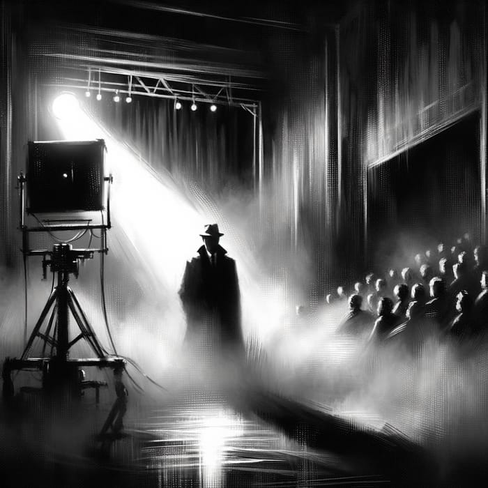 Intriguing Noir Thriller Art: Mysterious Figure in Dramatic Fog