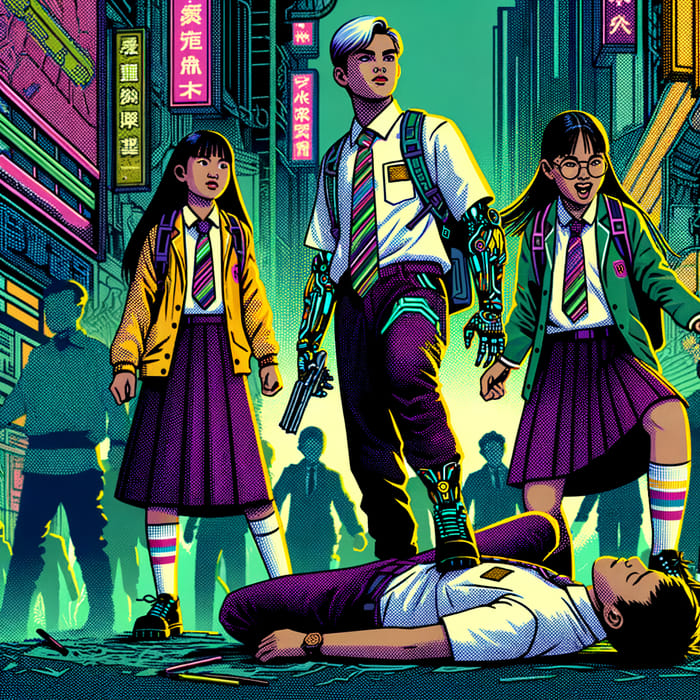 Futuristic Cyberpunk Schoolgirls - Vibrant Anime Action