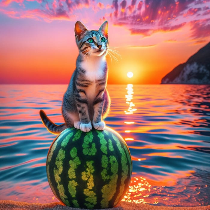 Cat on Watermelon at Sunset | Beautiful Seascape View