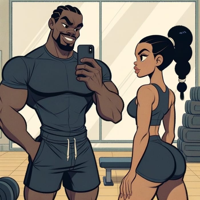 Cartoon Gym Selfie of Black 21-Year-Old Male & Hispanic Female