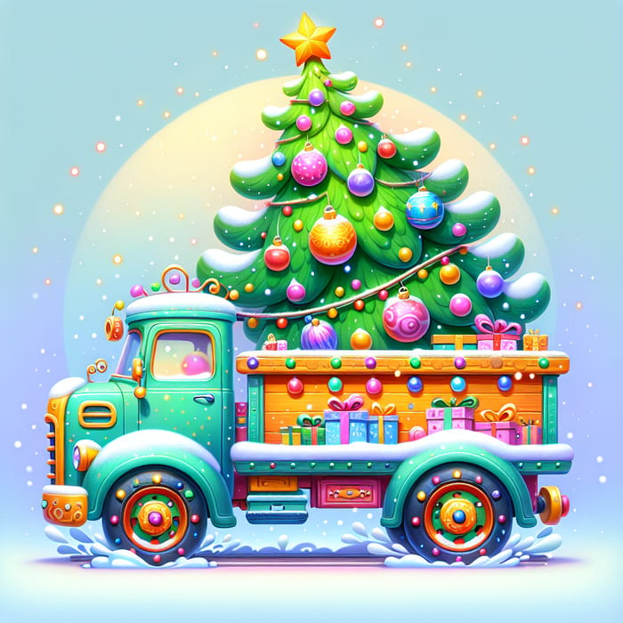 Cartoon Christmas Truck with Festive Tree
