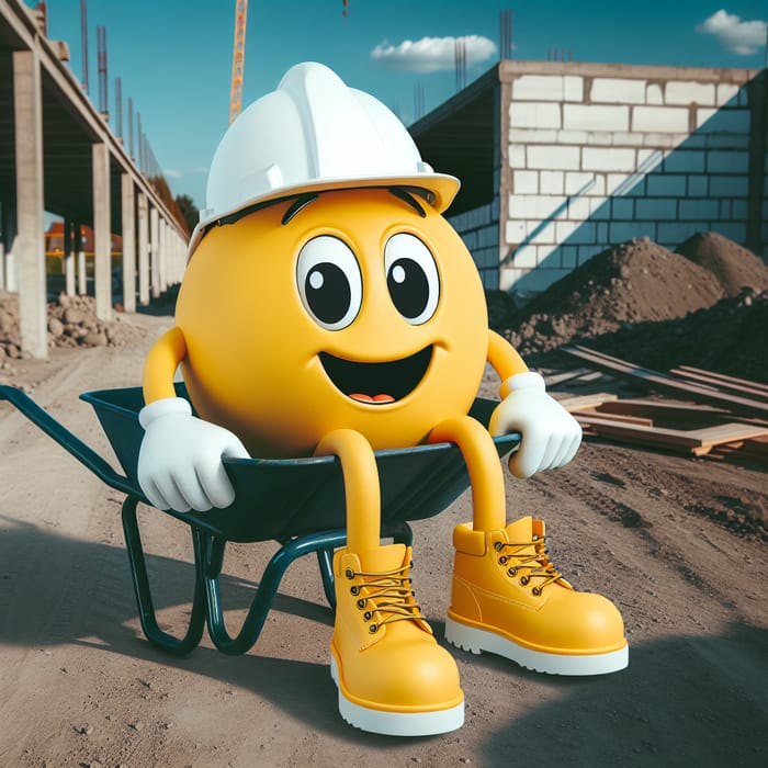 Safety-Conscious Cartoon Character in Wheelbarrow at Construction Site