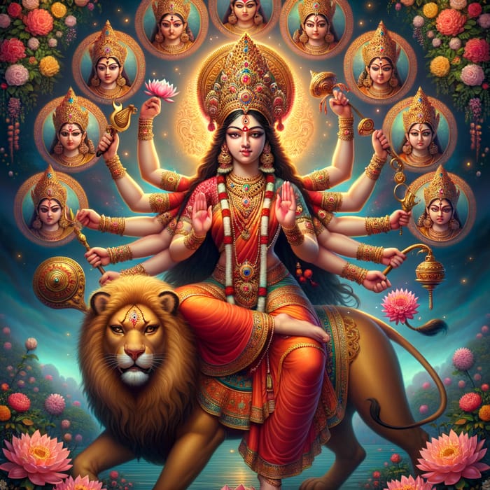 Detailed Depiction of Hindu Goddess Durga: Eight-Armed Deity on Lion/Tiger