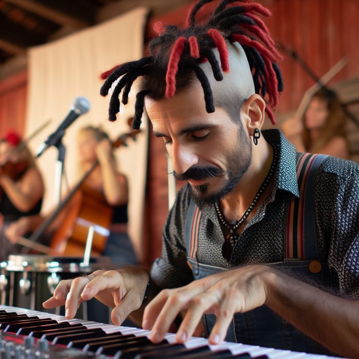 Argentinian Musician with Black and Red Dreadlocks Playing Piano in Cumbia Band