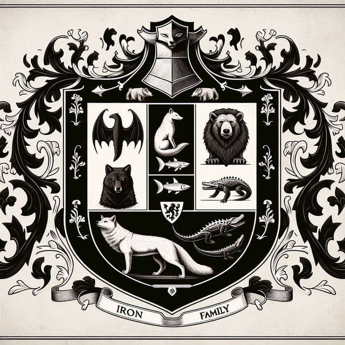 Magnificent Iron Family Crest Shield with Intricate Animal Symbols