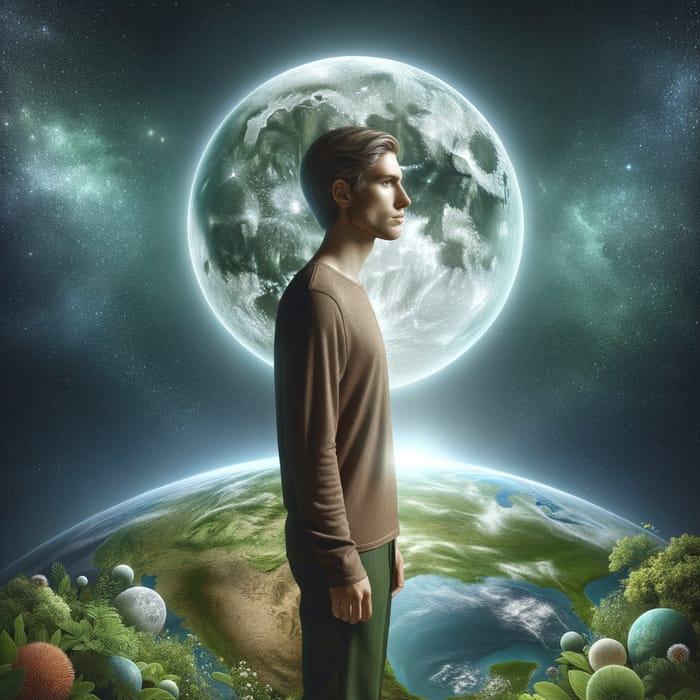 Starry Sky Portrait of Caucasian Individual on Earth with Moon