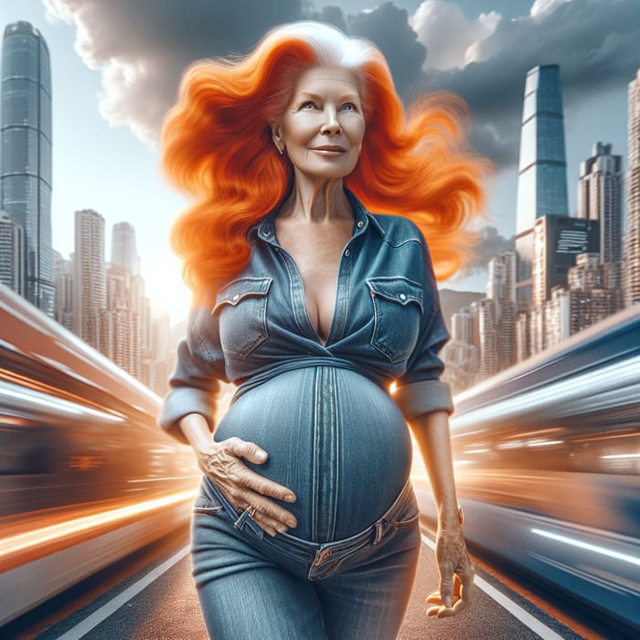 Confident Red-Haired Pregnant Woman Strutting in Urban Environment - Celebrating Diversity and Empowerment