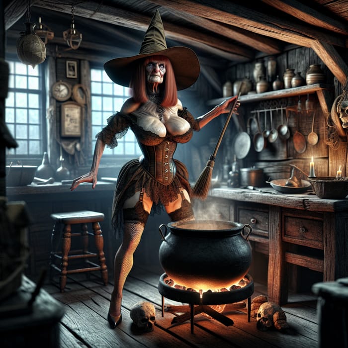 Vintage Witch in Redhead Granny Attire - Photo-realistic Night Scene