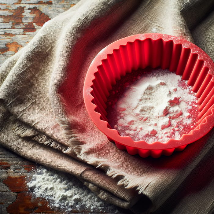 Red Silicone Baking Mold on Flour-Dusted Wooden Table