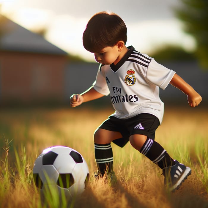 Child Playing Soccer with Madrid Imitate Shirt | Grass Field Scene