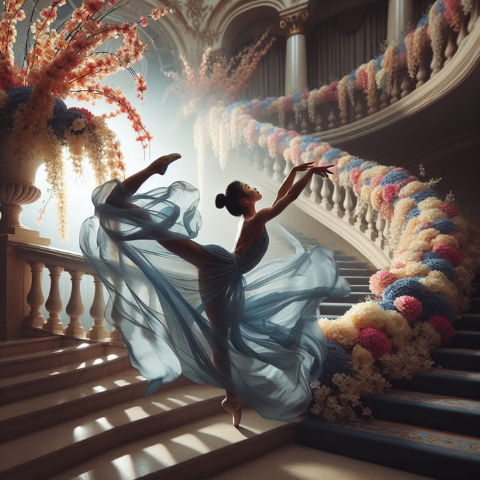 Elegant South Asian Gymnast in Flowing Dress on Flower-Adorned Staircase