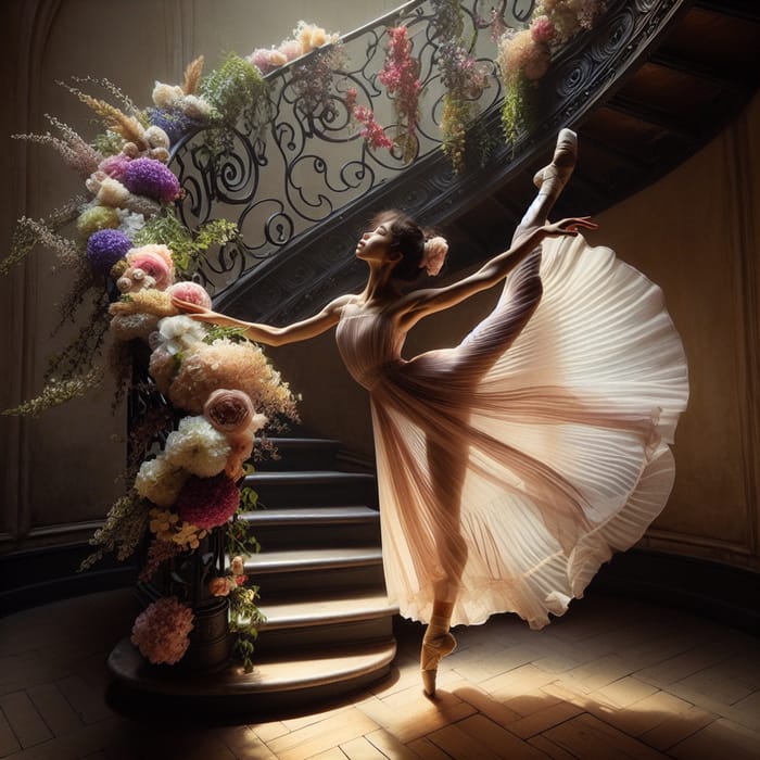 South Asian Gymnast in Pastel Dress on Vintage Floral Staircase