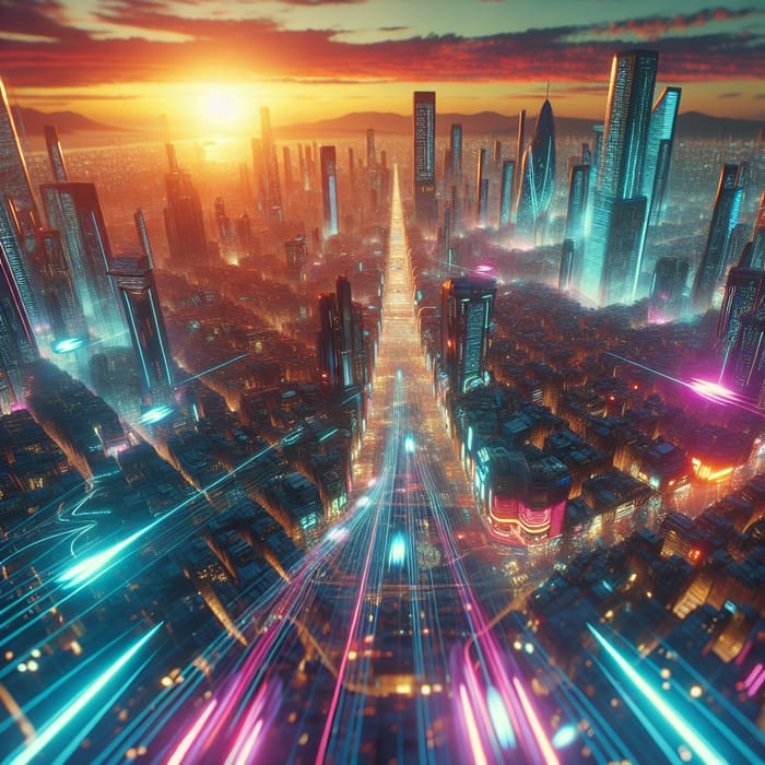 Neon Cyberpunk Cityscape: Sunset Futurism with Flying Cars