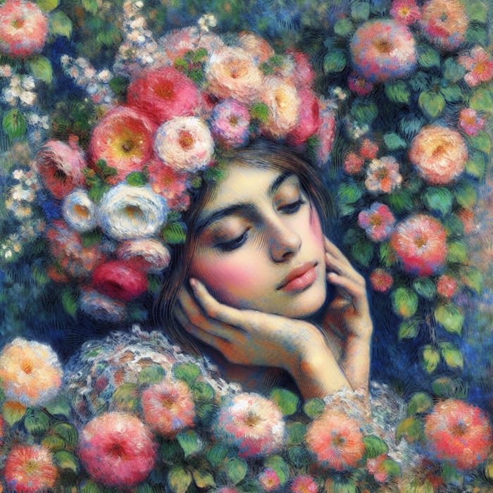 Serenity in Bloom: Portrait of a Woman Amidst Flowers | Monet Inspired