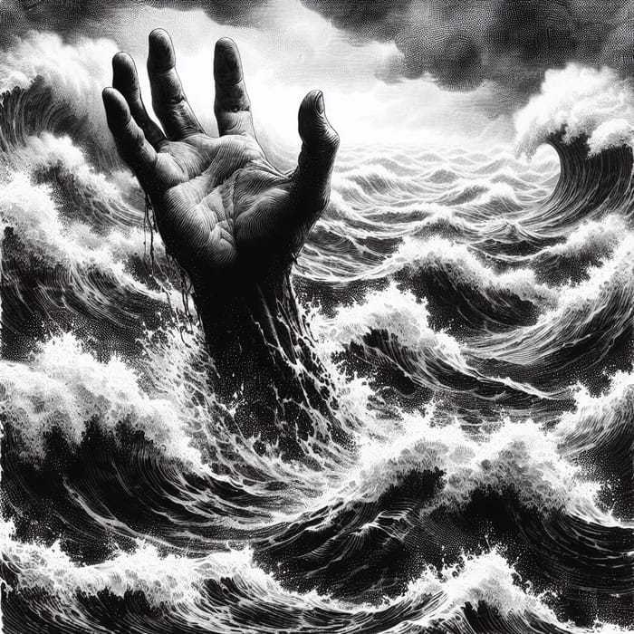Desperate Hand Emerges from Turbulent Sea: Striking Black and White Image