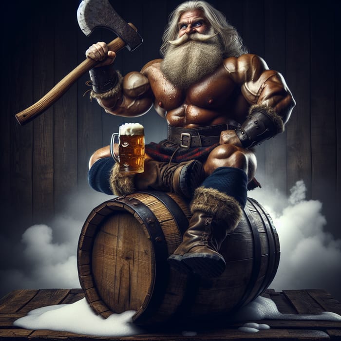 Muscular Dwarf on Foaming Beer Barrel with Iron Axe