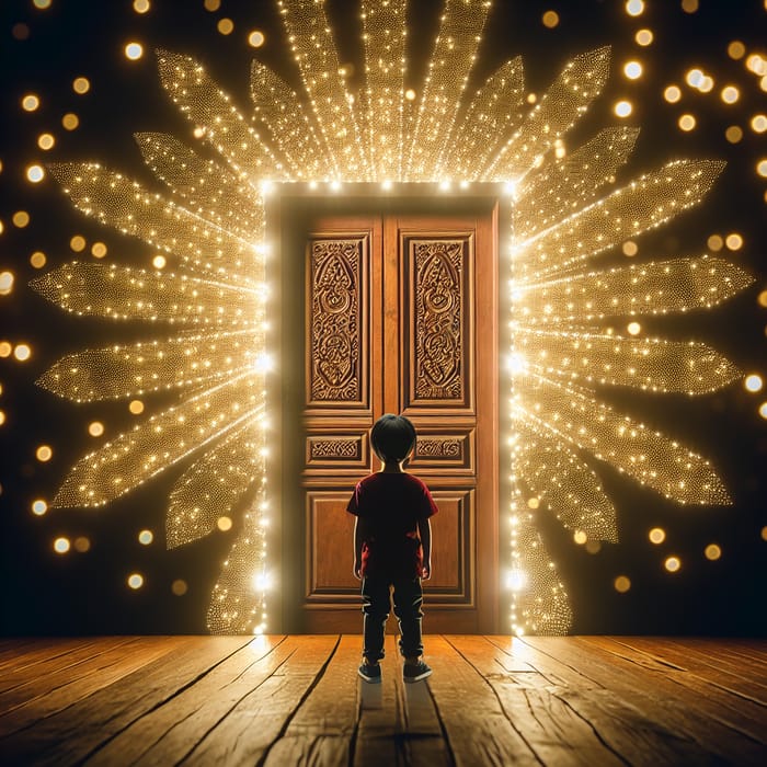 Brightly Lit Wooden Door with Child Waiting