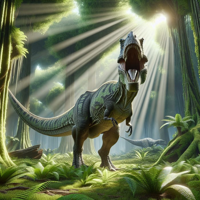 Majestic Dinosaur Roaring in Prehistoric Jungle - A Mesozoic Marvel