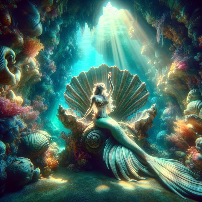 Fantasy Mermaid on Giant Seashell in Sunlit Grotto