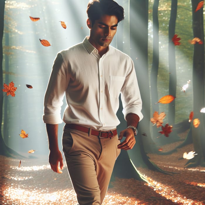 Serenity: South Asian Man Walking Amidst Falling Autumn Leaves