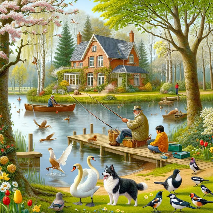 Tranquil Spring Scene: Charming Brick House, Fishermen, Swans & Playful Dog