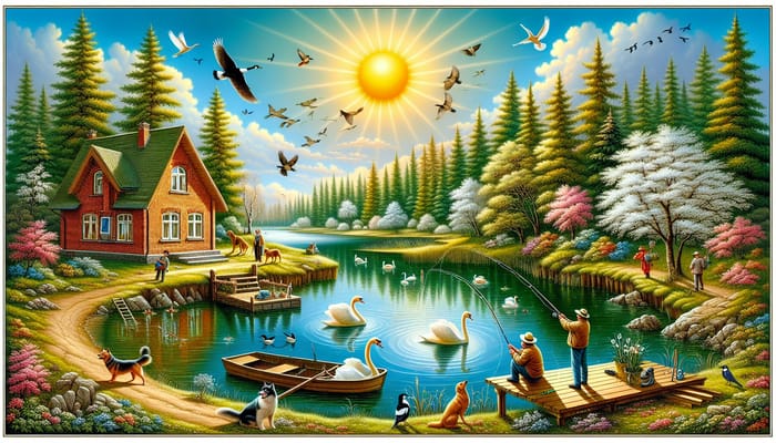 Radiant Spring Landscape with Charming Brick House, Swans, and Fishers