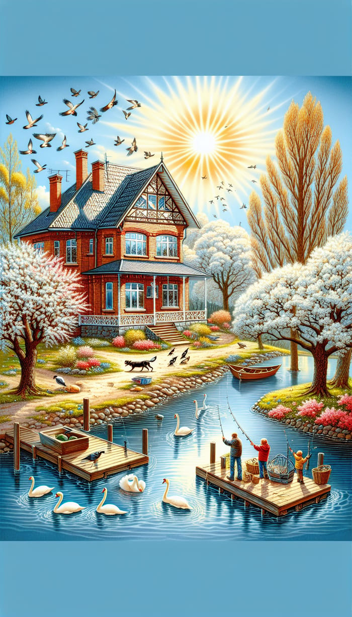 Tranquil Spring Scene: Brick House, Pond, Fishermen, Swans, and More