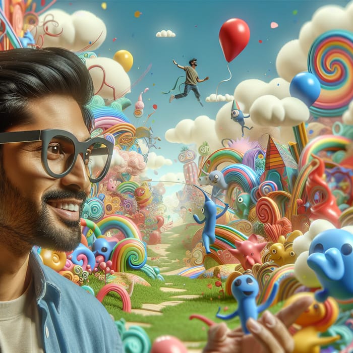 Colorful Cartoon Landscape with South Asian Man in Modern Glasses