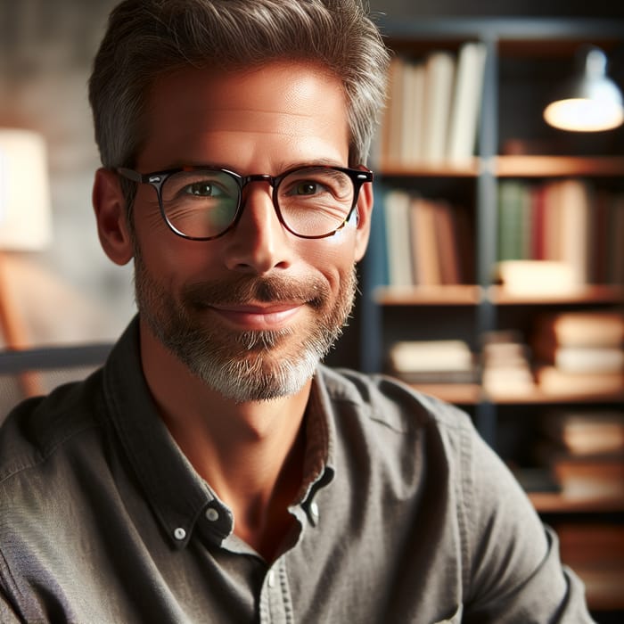 Middle-Aged Man in Reading Glasses with Engaging Smile