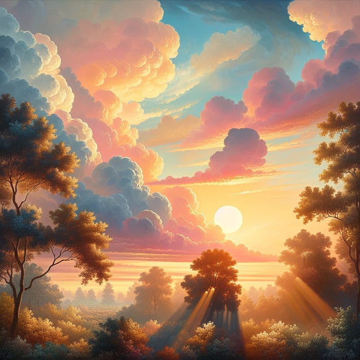 Sun Shining Through Trees, Painting Sky in Pastel Colors