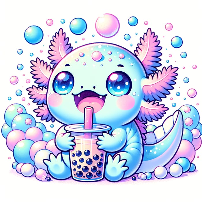 Pastel Axolotl Sipping Bubble Tea with Bubbles and Pearls