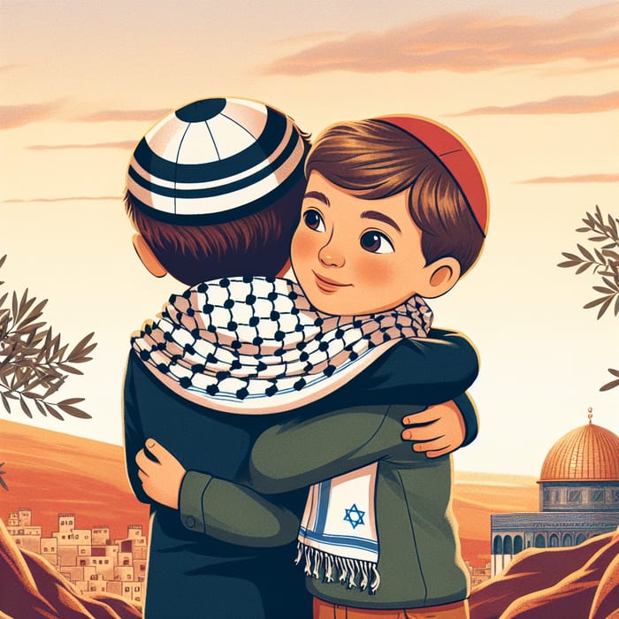 Jewish and Palestinian Boys Embracing in Unity