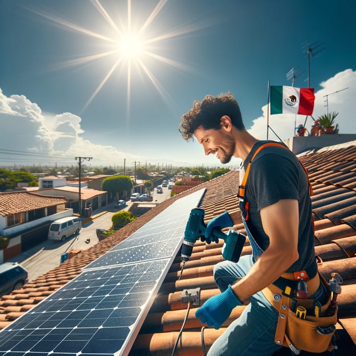 Hispanic Man Installing Solar Panels in Mexico
