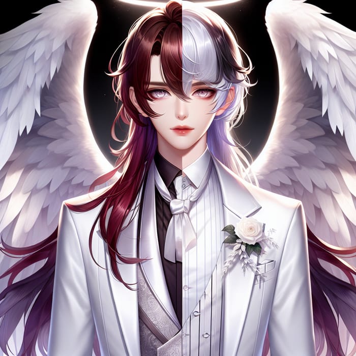 Elegant Angelic Male with Split-Colored Hair and White Wings