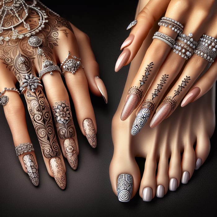 Elegant Hands and Feet: Intricate Nail Art & Jewelry Decor