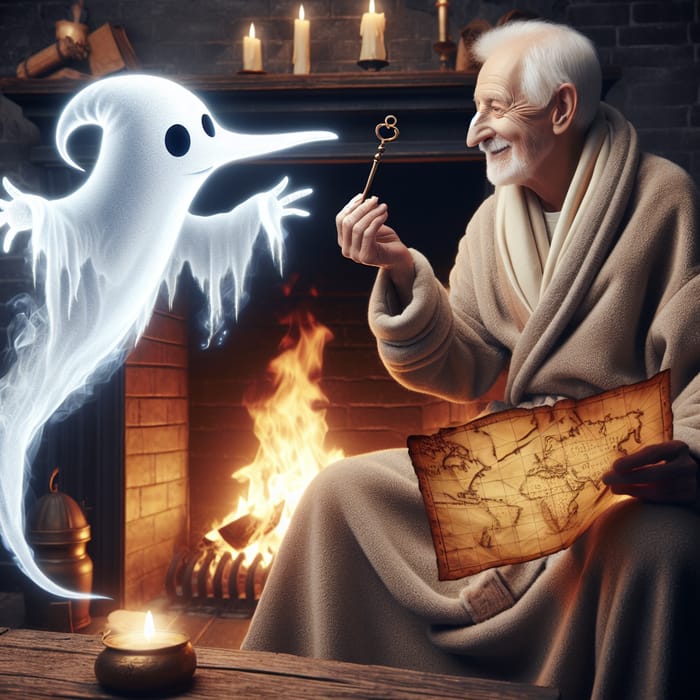Elderly Man by Fireplace with Ghost, Key and Map