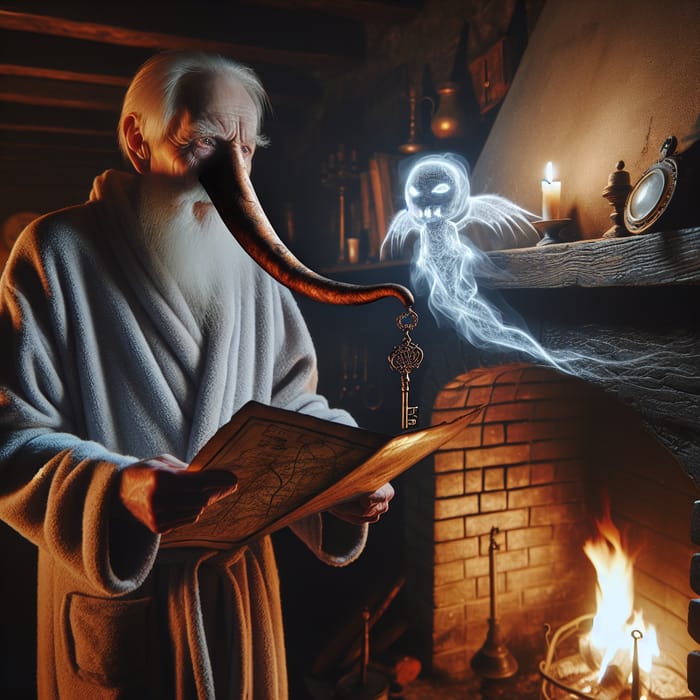 Elderly Man by Fireplace | Spooky Specter with Long Nose, Golden Key & Map
