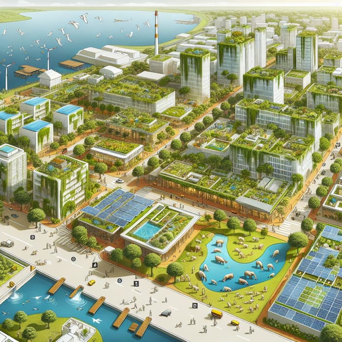 Sustainable Town Design: Vegetation Buildings, Solar Panels & Green Parks
